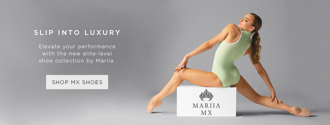 A dancer wearing a green leotard and Mariia MX shoes.
